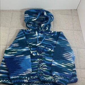 Vintage. Hand made. New. Blue and Green Knit Hooded Sweater